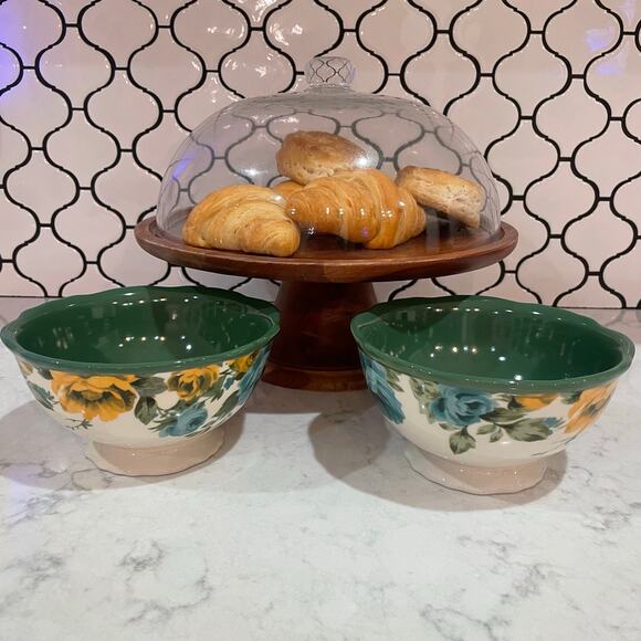 The Pioneer Woman Rose Shadow stoneware soup/cereal bowl set of 2 6” green - Picture 2 of 9